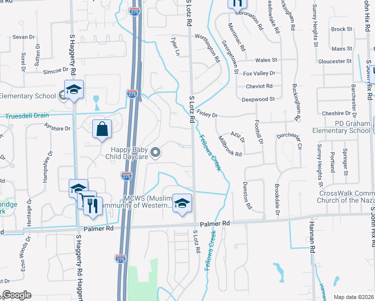 map of restaurants, bars, coffee shops, grocery stores, and more near 1334 South Lotz Road in Canton