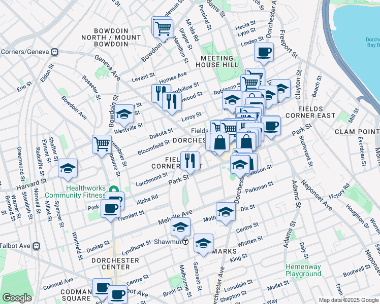 map of restaurants, bars, coffee shops, grocery stores, and more near 83 Waldeck Street in Boston