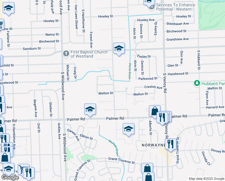 map of restaurants, bars, coffee shops, grocery stores, and more near 1516 South Schuman Street in Westland