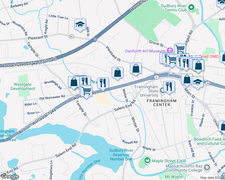 map of restaurants, bars, coffee shops, grocery stores, and more near 1154 Worcester Road in Framingham