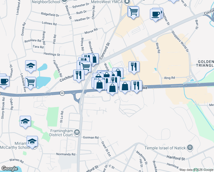 map of restaurants, bars, coffee shops, grocery stores, and more near 255 Worcester Road in Framingham