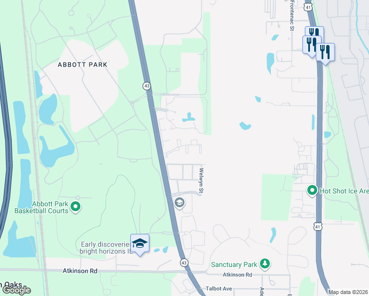map of restaurants, bars, coffee shops, grocery stores, and more near 30015 Waukegan Road in Lake Bluff