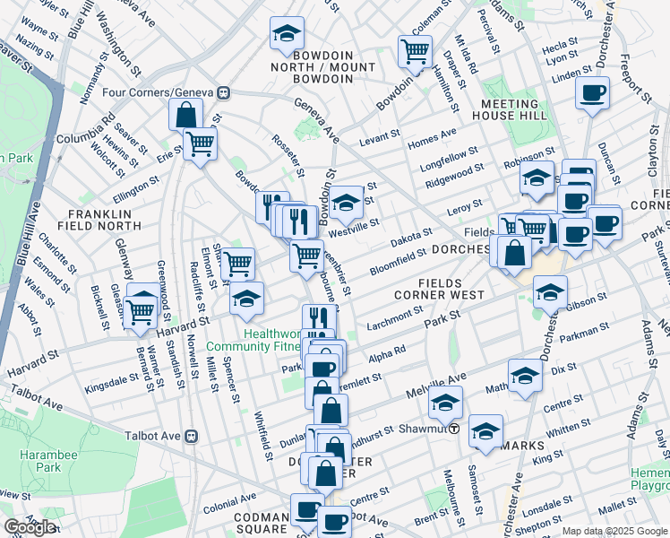 map of restaurants, bars, coffee shops, grocery stores, and more near 45 Greenbrier Street in Boston