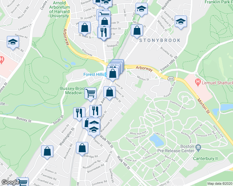 map of restaurants, bars, coffee shops, grocery stores, and more near 19 Weld Hill Street in Boston