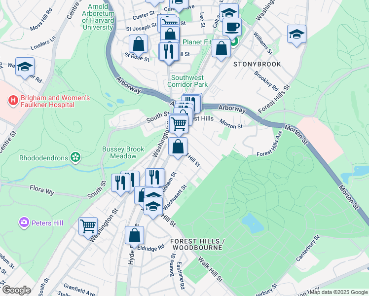 map of restaurants, bars, coffee shops, grocery stores, and more near 19 Weld Hill Street in Boston