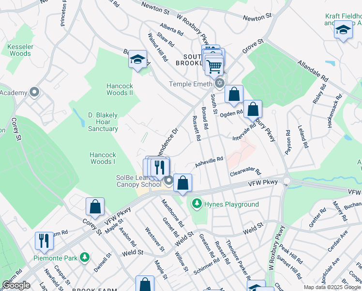 map of restaurants, bars, coffee shops, grocery stores, and more near 91 Thornton Road in Brookline