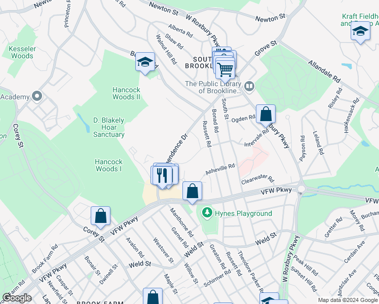map of restaurants, bars, coffee shops, grocery stores, and more near 91 Thornton Road in Brookline