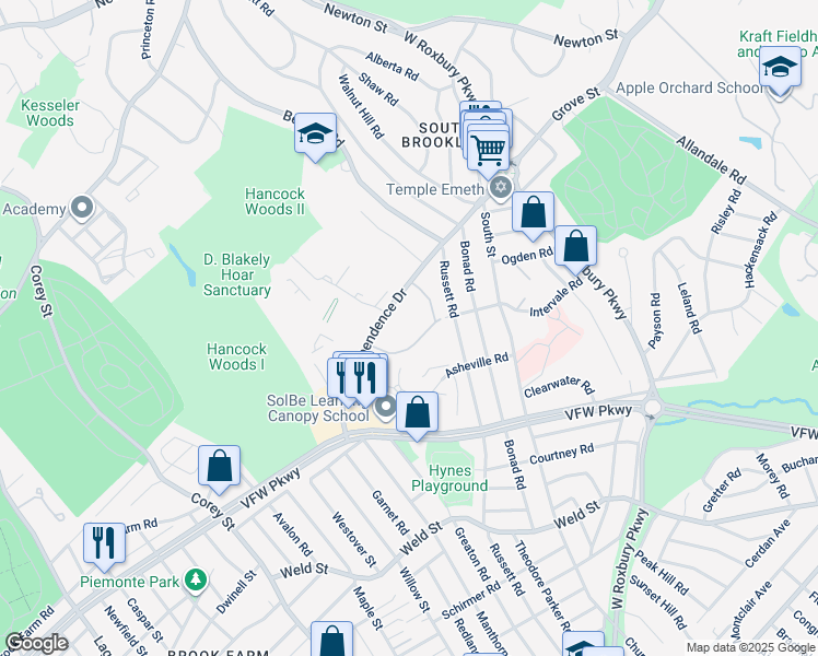 map of restaurants, bars, coffee shops, grocery stores, and more near 91 Thornton Road in Brookline