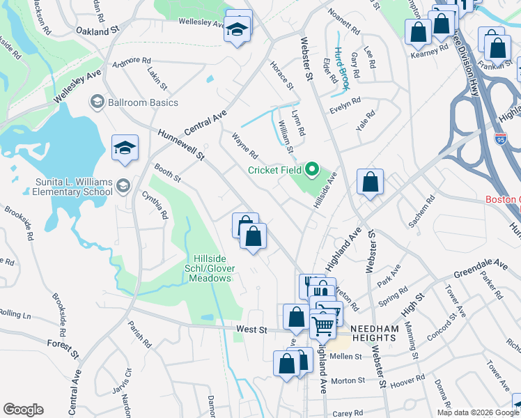 map of restaurants, bars, coffee shops, grocery stores, and more near 295 Hunnewell Street in Needham
