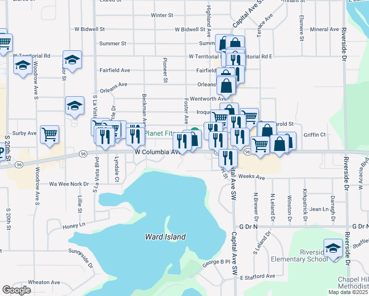 map of restaurants, bars, coffee shops, grocery stores, and more near 280 West Columbia Avenue in Battle Creek