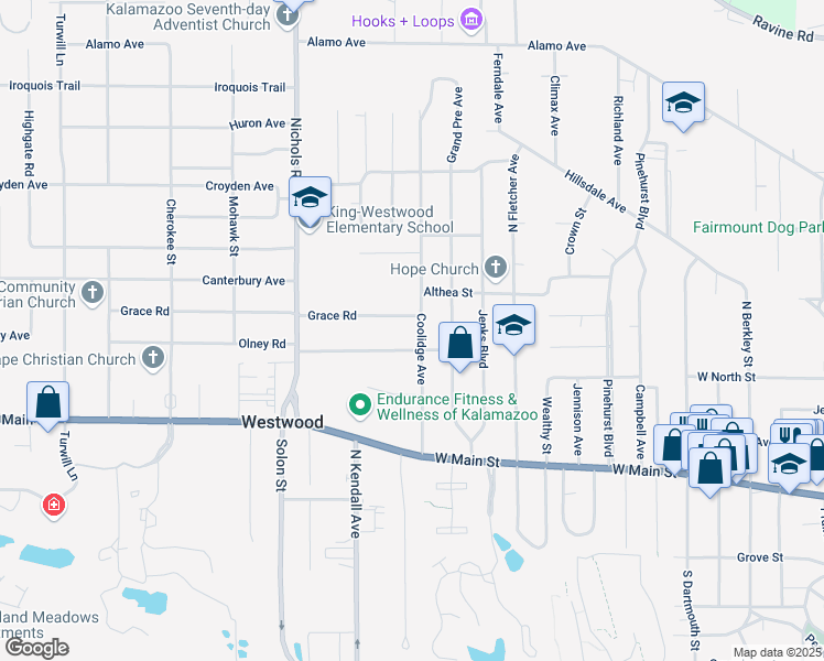 map of restaurants, bars, coffee shops, grocery stores, and more near 2820 Olney Road in Kalamazoo