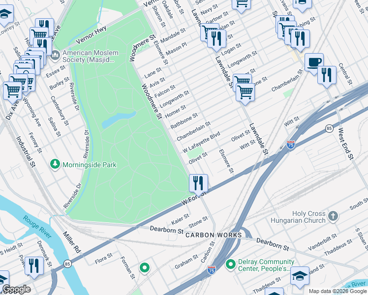 map of restaurants, bars, coffee shops, grocery stores, and more near 1118 Woodmere Street in Detroit