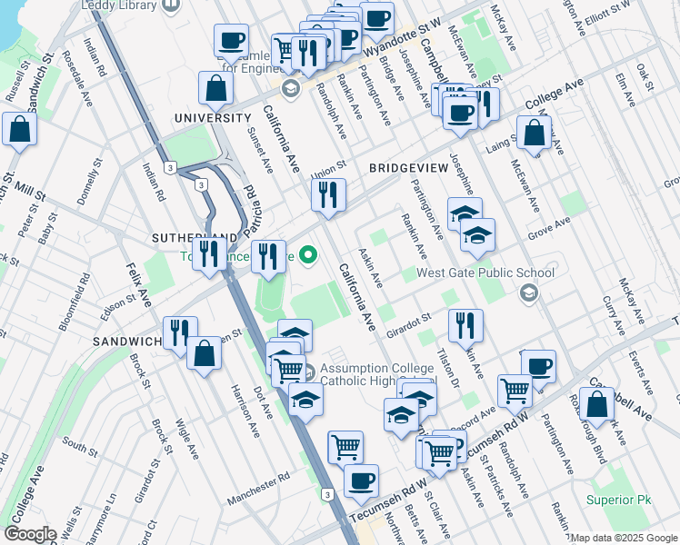 map of restaurants, bars, coffee shops, grocery stores, and more near 985 California Avenue in Windsor