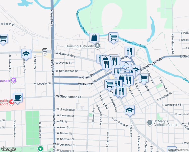 map of restaurants, bars, coffee shops, grocery stores, and more near 318 West Douglas Street in Freeport