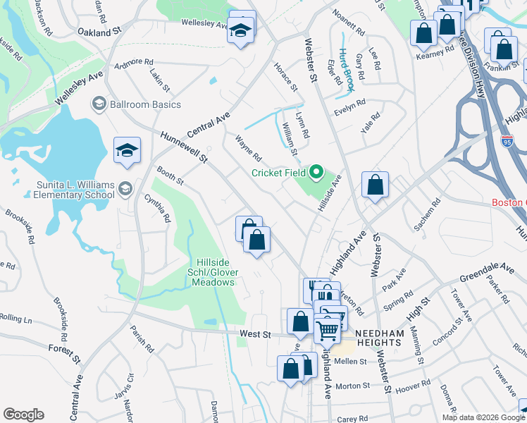map of restaurants, bars, coffee shops, grocery stores, and more near 295 Hunnewell Street in Needham