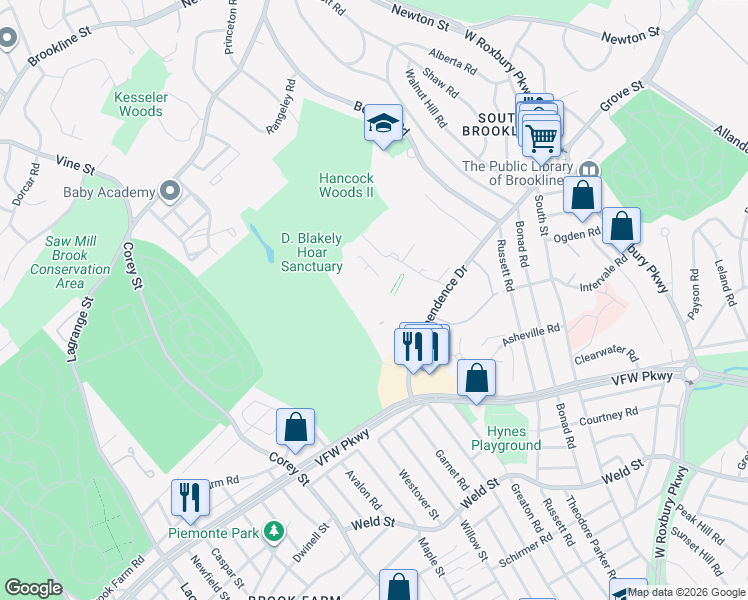 map of restaurants, bars, coffee shops, grocery stores, and more near 102 Sherman Road in Boston