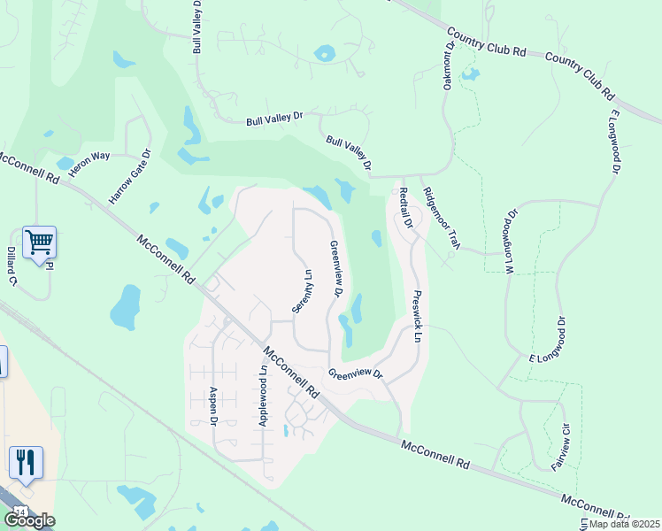 map of restaurants, bars, coffee shops, grocery stores, and more near 2130 Greenview Drive in Woodstock