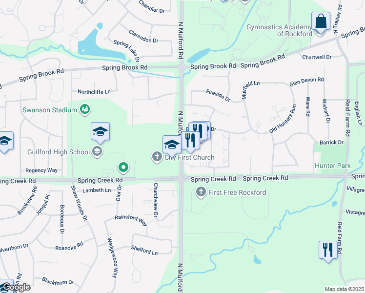 map of restaurants, bars, coffee shops, grocery stores, and more near 2599 North Mulford Road in Rockford