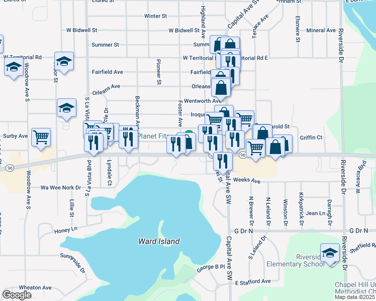 map of restaurants, bars, coffee shops, grocery stores, and more near 280 West Columbia Avenue in Battle Creek