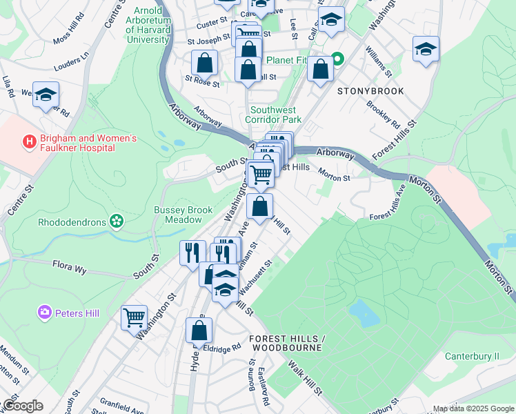 map of restaurants, bars, coffee shops, grocery stores, and more near 19 Weld Hill Street in Boston