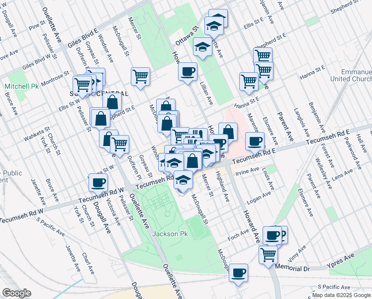 map of restaurants, bars, coffee shops, grocery stores, and more near 300 Tecumseh Road East in Windsor