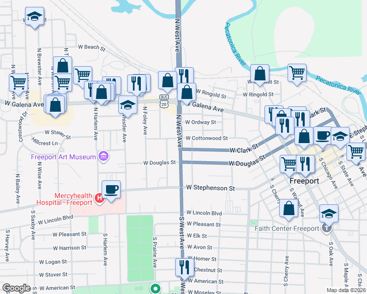 map of restaurants, bars, coffee shops, grocery stores, and more near 218 North West Avenue in Freeport