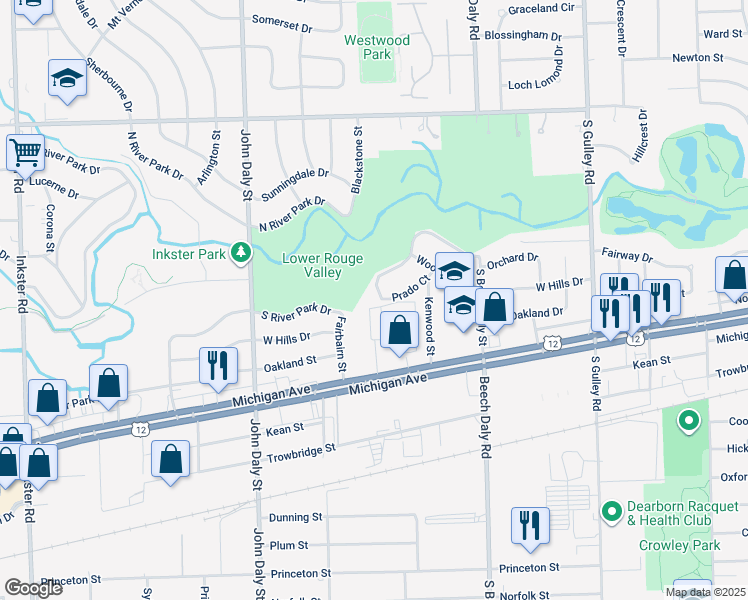 map of restaurants, bars, coffee shops, grocery stores, and more near 1522 South River Park Drive in Inkster