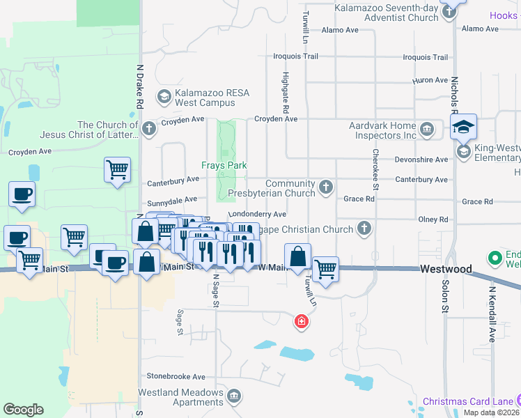map of restaurants, bars, coffee shops, grocery stores, and more near 4131 Londonderry Avenue in Kalamazoo