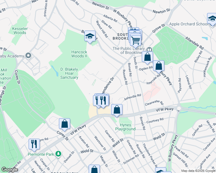 map of restaurants, bars, coffee shops, grocery stores, and more near 91 Thornton Road in Brookline