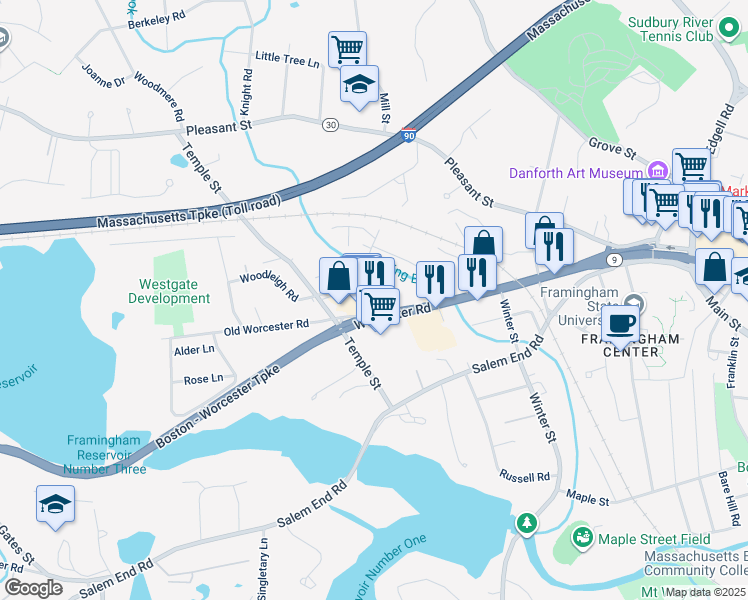 map of restaurants, bars, coffee shops, grocery stores, and more near 1223 Worcester Rd in Framingham