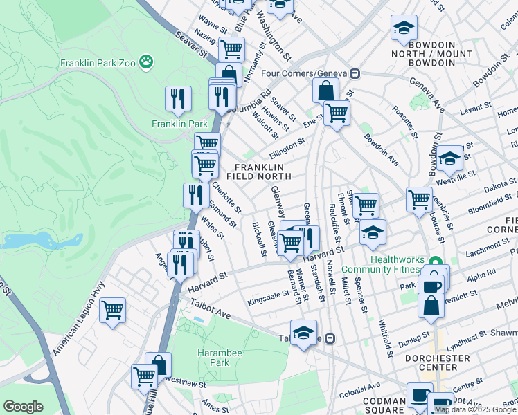 map of restaurants, bars, coffee shops, grocery stores, and more near 38 Bradshaw Street in Boston