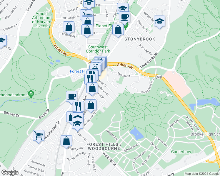 map of restaurants, bars, coffee shops, grocery stores, and more near 48 Woodlawn Street in Boston