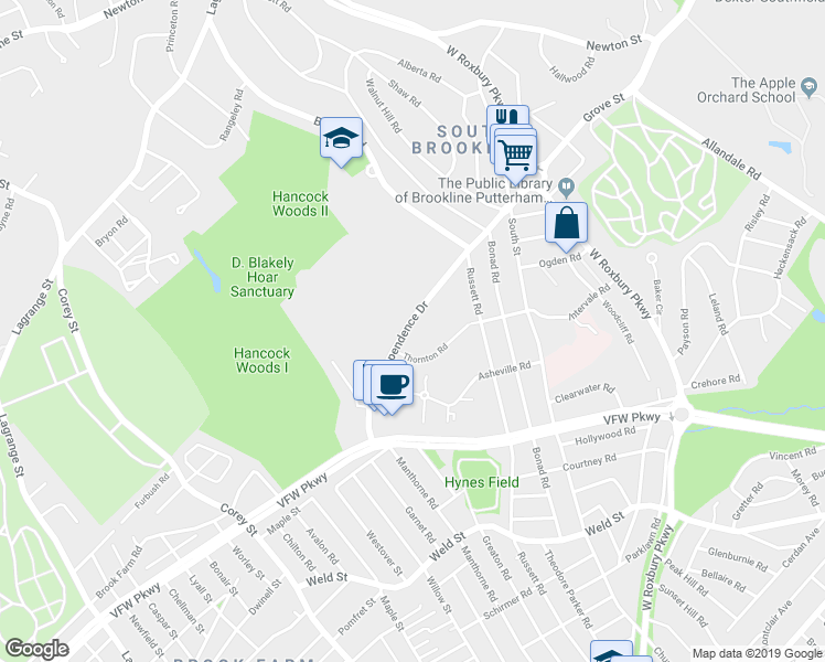 map of restaurants, bars, coffee shops, grocery stores, and more near 91 Thornton Road in Brookline