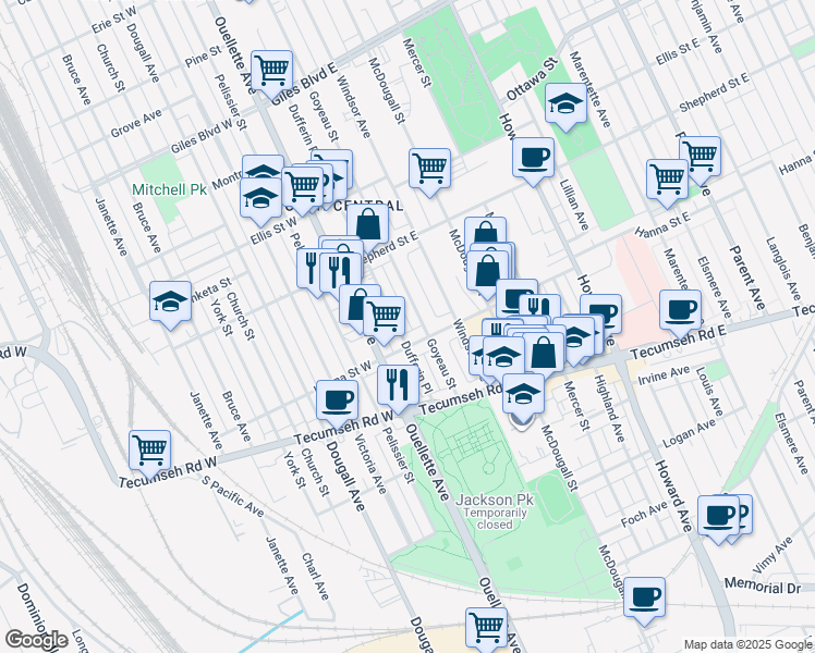 map of restaurants, bars, coffee shops, grocery stores, and more near 72 Hanna Street East in Windsor