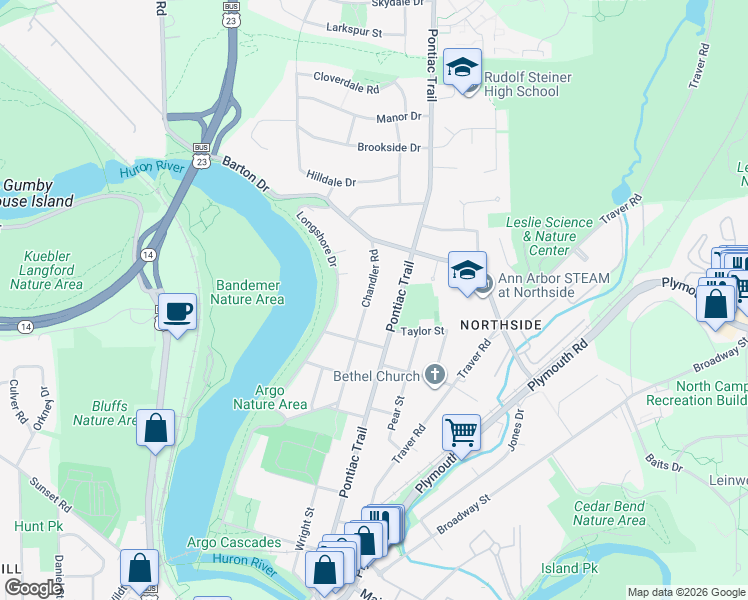 map of restaurants, bars, coffee shops, grocery stores, and more near 1712 Chandler Road in Ann Arbor