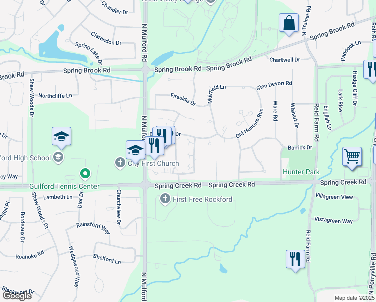 map of restaurants, bars, coffee shops, grocery stores, and more near 6105 Brynwood Drive in Rockford