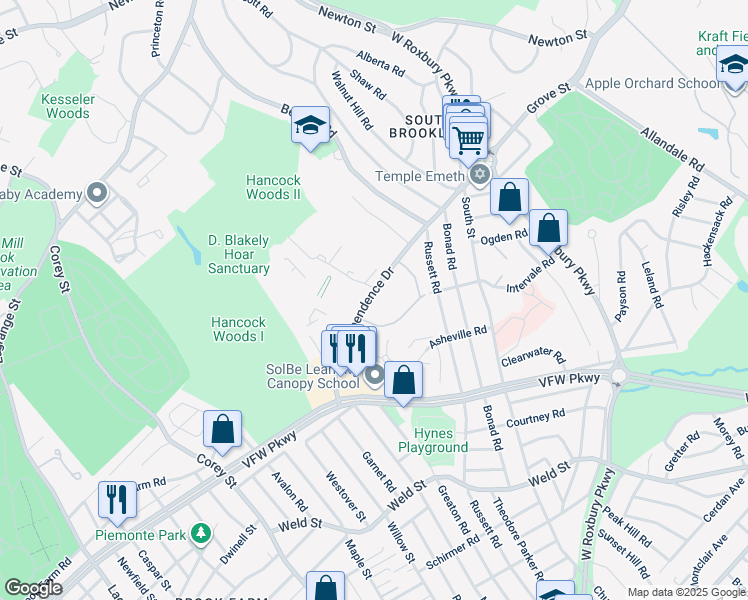 map of restaurants, bars, coffee shops, grocery stores, and more near 152 Independence Drive in Brookline