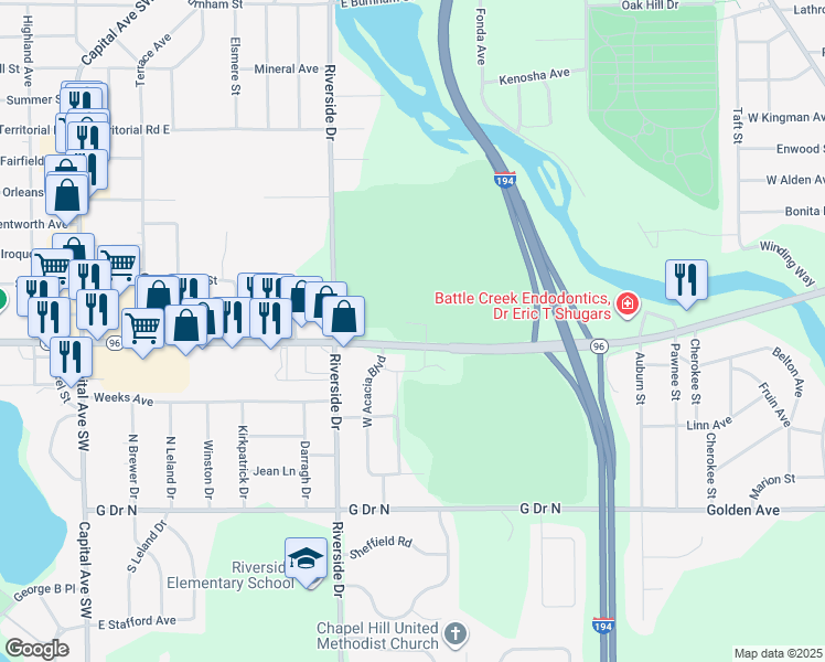 map of restaurants, bars, coffee shops, grocery stores, and more near 330 East Columbia Avenue in Battle Creek