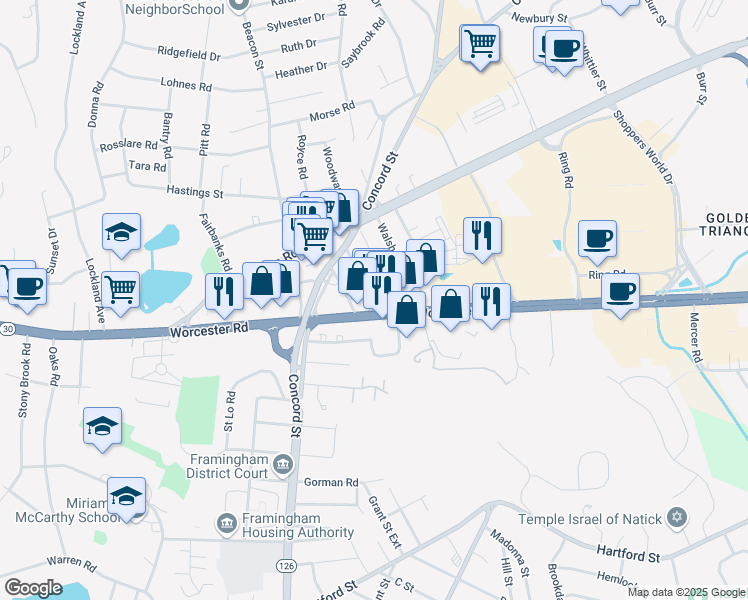 map of restaurants, bars, coffee shops, grocery stores, and more near 277 Massachusetts 9 in Framingham