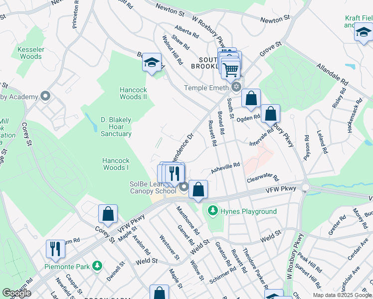 map of restaurants, bars, coffee shops, grocery stores, and more near 91 Thornton Road in Brookline