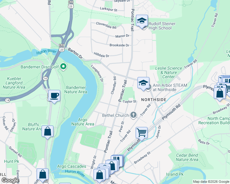 map of restaurants, bars, coffee shops, grocery stores, and more near 1712 Chandler Road in Ann Arbor