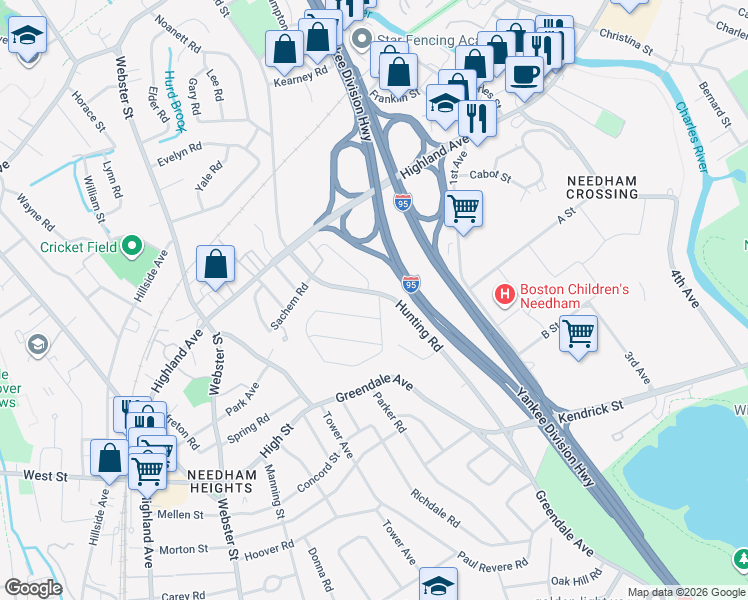 map of restaurants, bars, coffee shops, grocery stores, and more near 156 Woodbine Circle in Needham