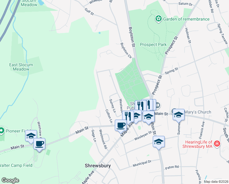 map of restaurants, bars, coffee shops, grocery stores, and more near 40 Westwood Road in Shrewsbury
