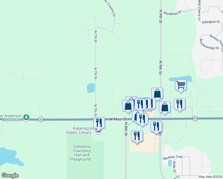 map of restaurants, bars, coffee shops, grocery stores, and more near 7110 West Main Street in Kalamazoo