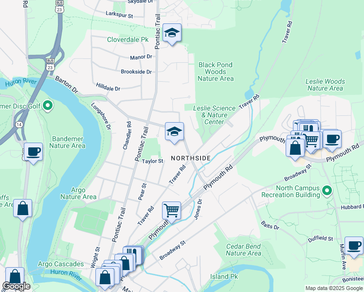 map of restaurants, bars, coffee shops, grocery stores, and more near 912 Barton Drive in Ann Arbor