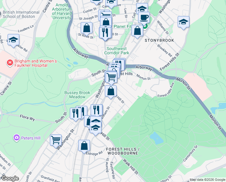 map of restaurants, bars, coffee shops, grocery stores, and more near 14 Weld Hill Street in Boston