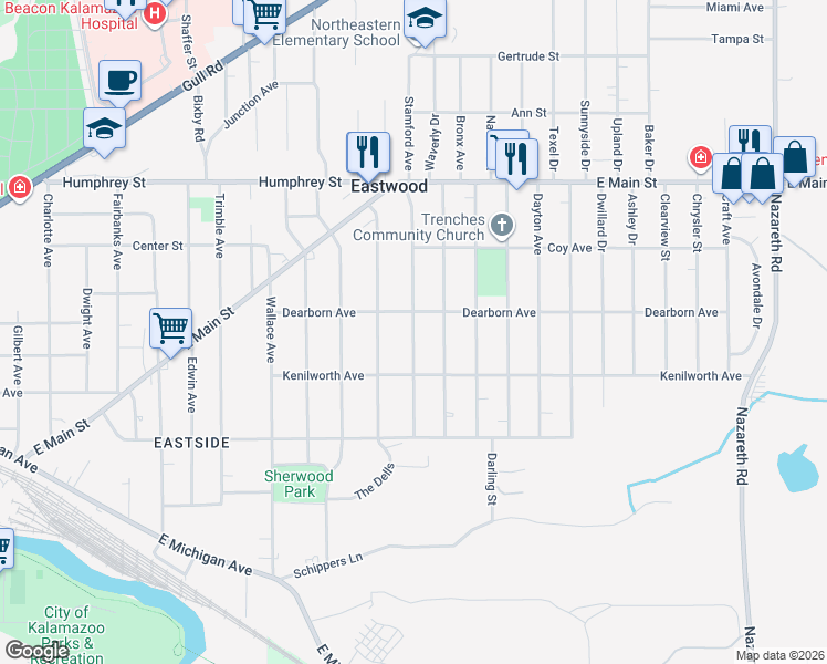 map of restaurants, bars, coffee shops, grocery stores, and more near 718 Washburn Avenue in Kalamazoo