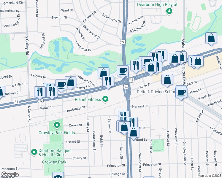 map of restaurants, bars, coffee shops, grocery stores, and more near 24241 Michigan Avenue in Dearborn