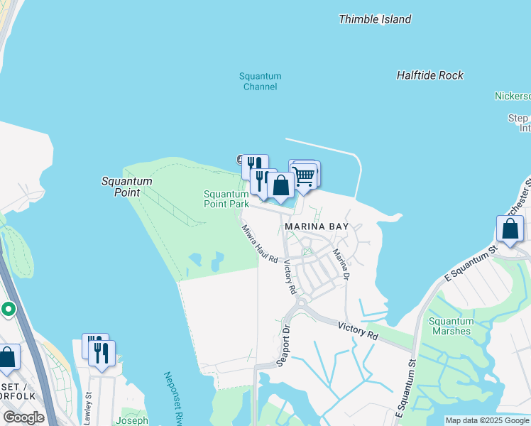 map of restaurants, bars, coffee shops, grocery stores, and more near 500 Victory Road in Quincy