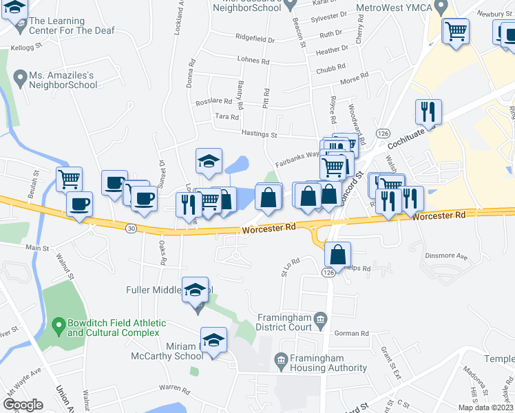 map of restaurants, bars, coffee shops, grocery stores, and more near 18 Cochituate Road in Framingham